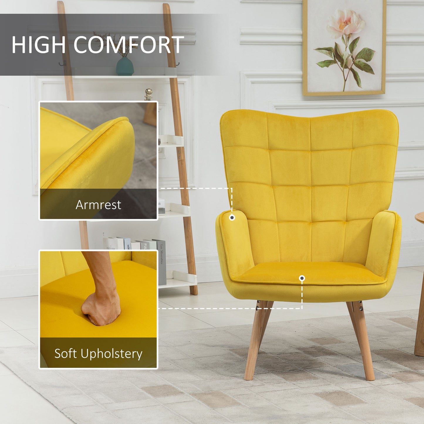 Modern Accent Chair Velvet-Touch Tufted Wingback Armchair Upholstered Leisure Lounge Sofa Club Chair with Wood Legs, Set of 2