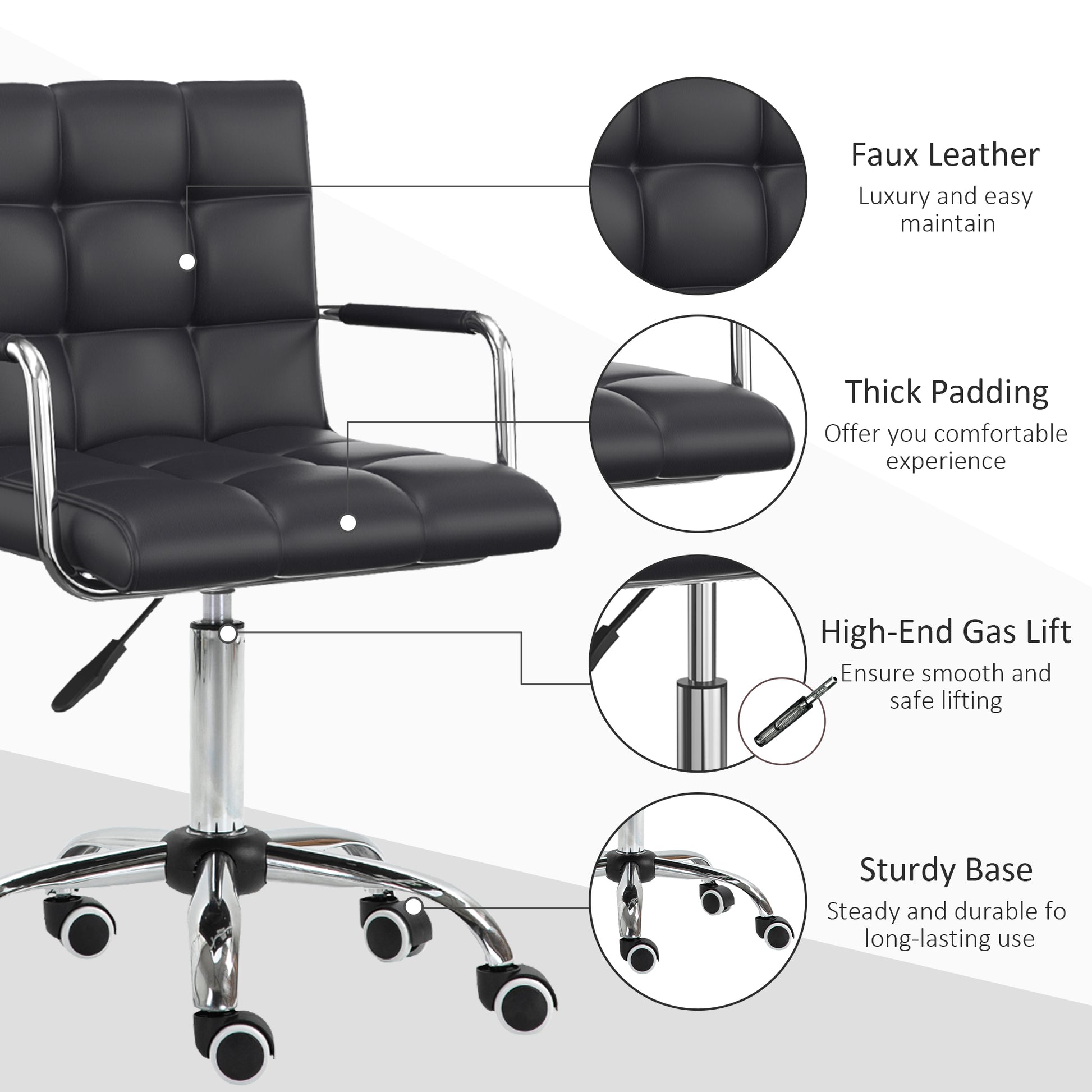 Image for Vinsetto Mid Back PU Leather Home Office Desk Chair Swivel Computer Chair with Arm, Wheels, Adjustable Height, Black