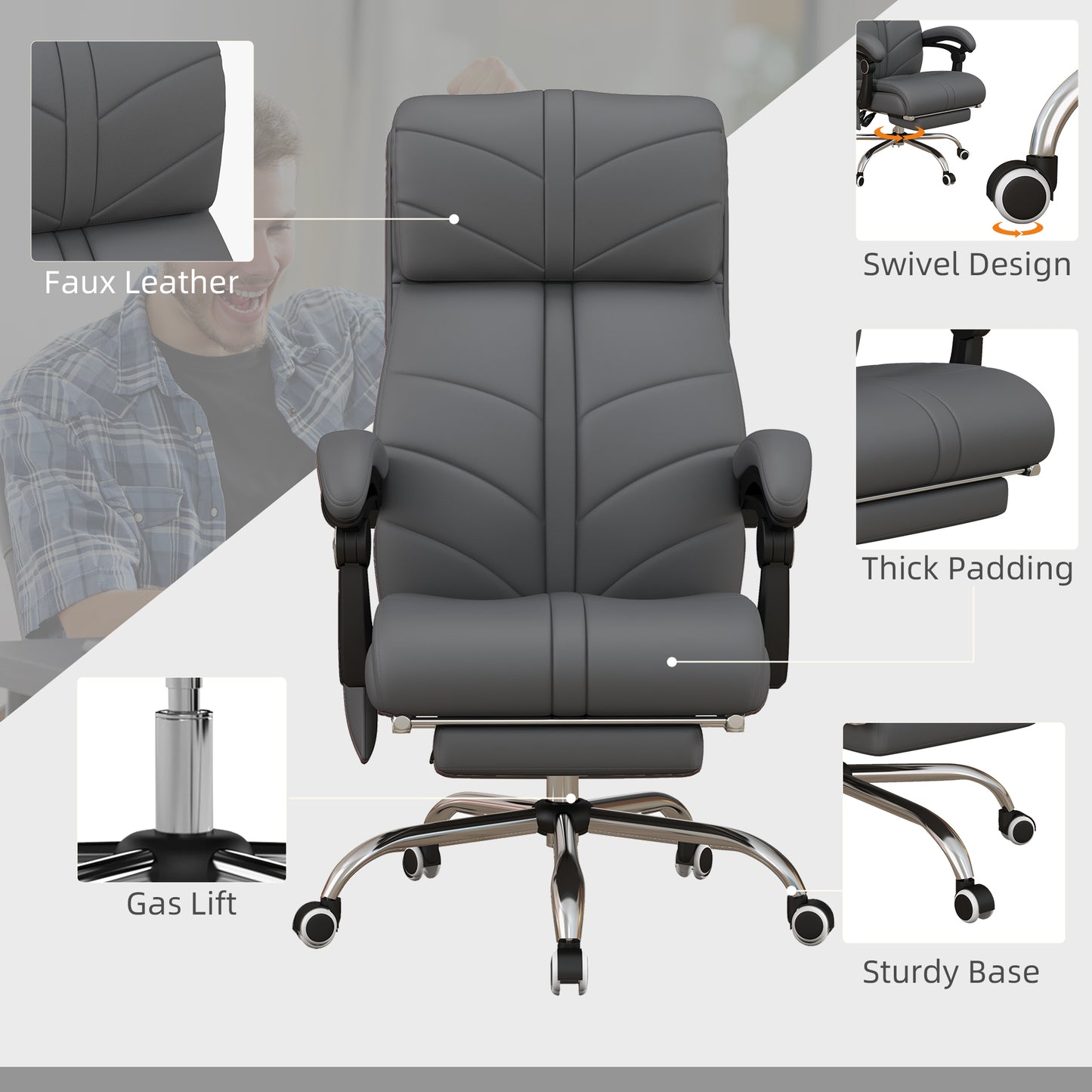 Image for Vinsetto Vibration Massage Office Chair with Heat, PU Leather Computer Chair with Footrest, Armrest, Reclining Back, Grey