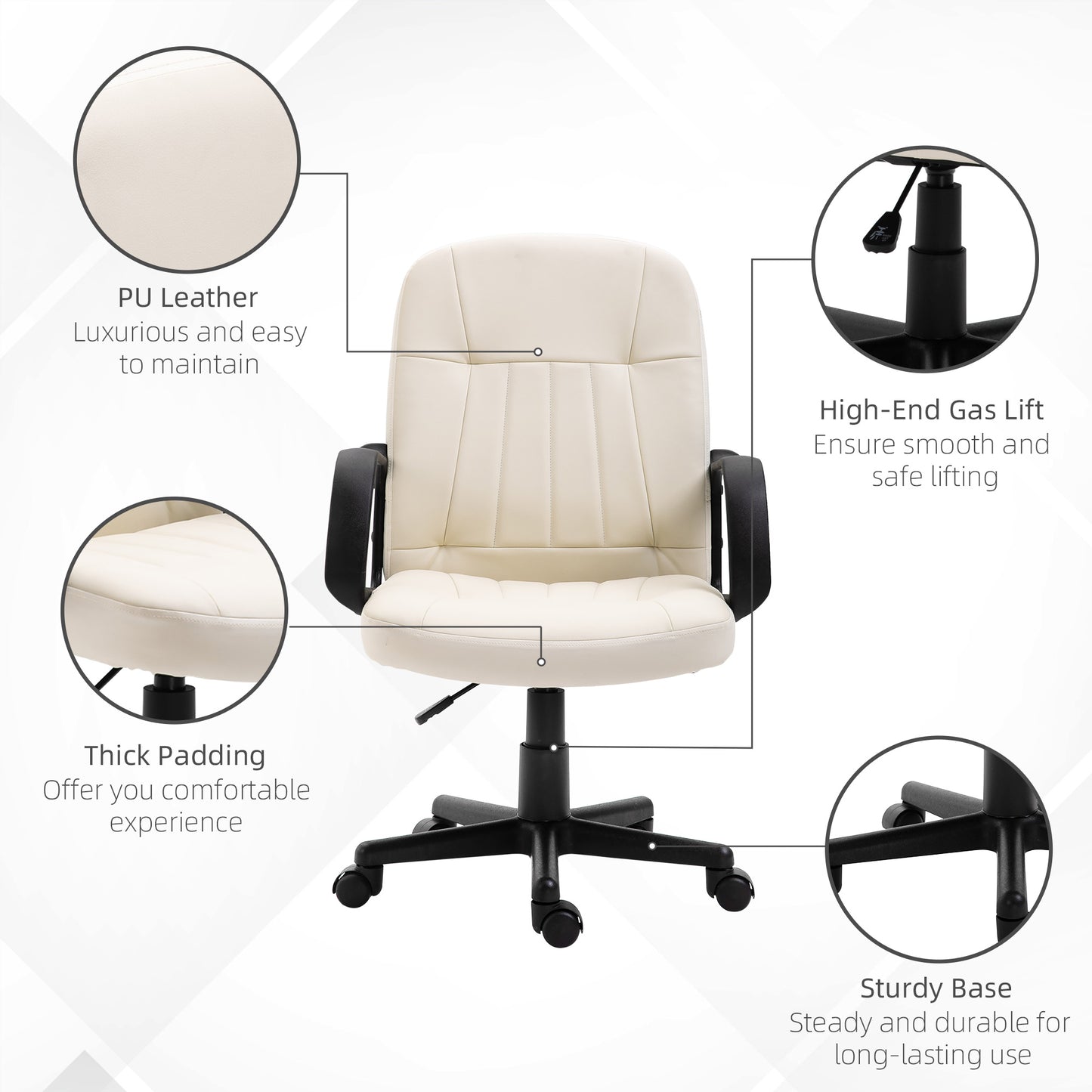 Image for HOMCOM Swivel Executive Office Chair Home Office Mid Back PU Leather Computer Desk Chair for Adults with Arm, Wheels, Cream