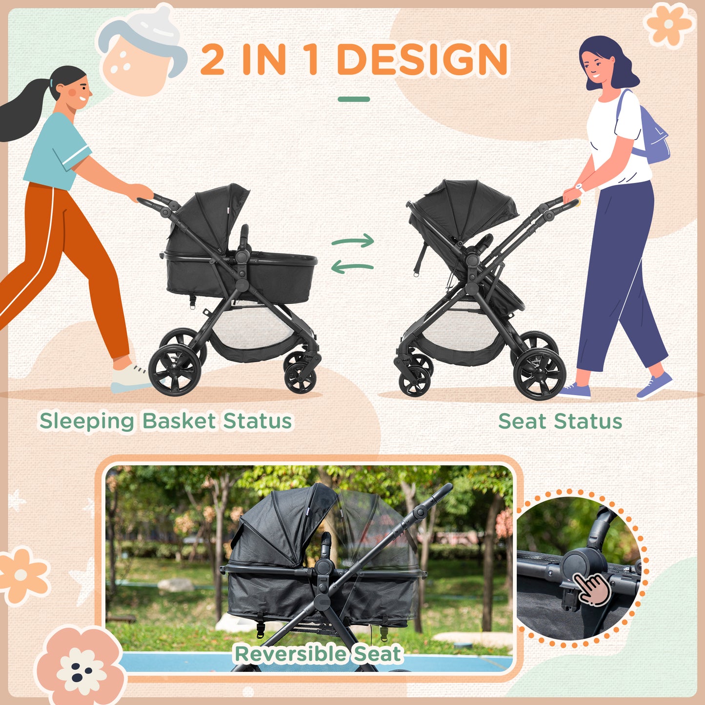 HOMCOM 2 in 1 Lightweight Pushchair w/ Reversible Seat, Foldable Travel Baby Stroller w/ Fully Reclining From Birth to 3 Years, 5-point Harness Black