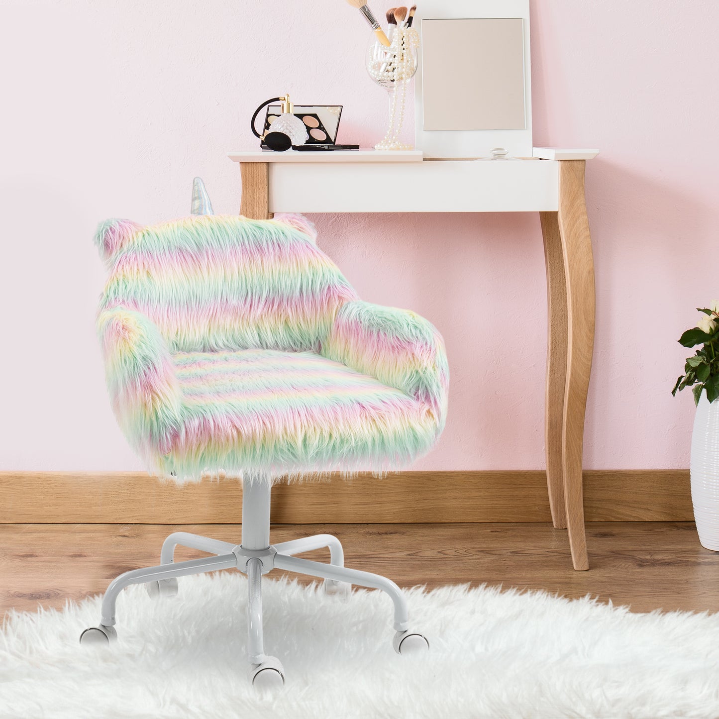 Image for Vinsetto Unicorn Home Office Chair, Height Adjustable Fluffy Desk Chair with Armrests and Swivel Wheels, Colourful