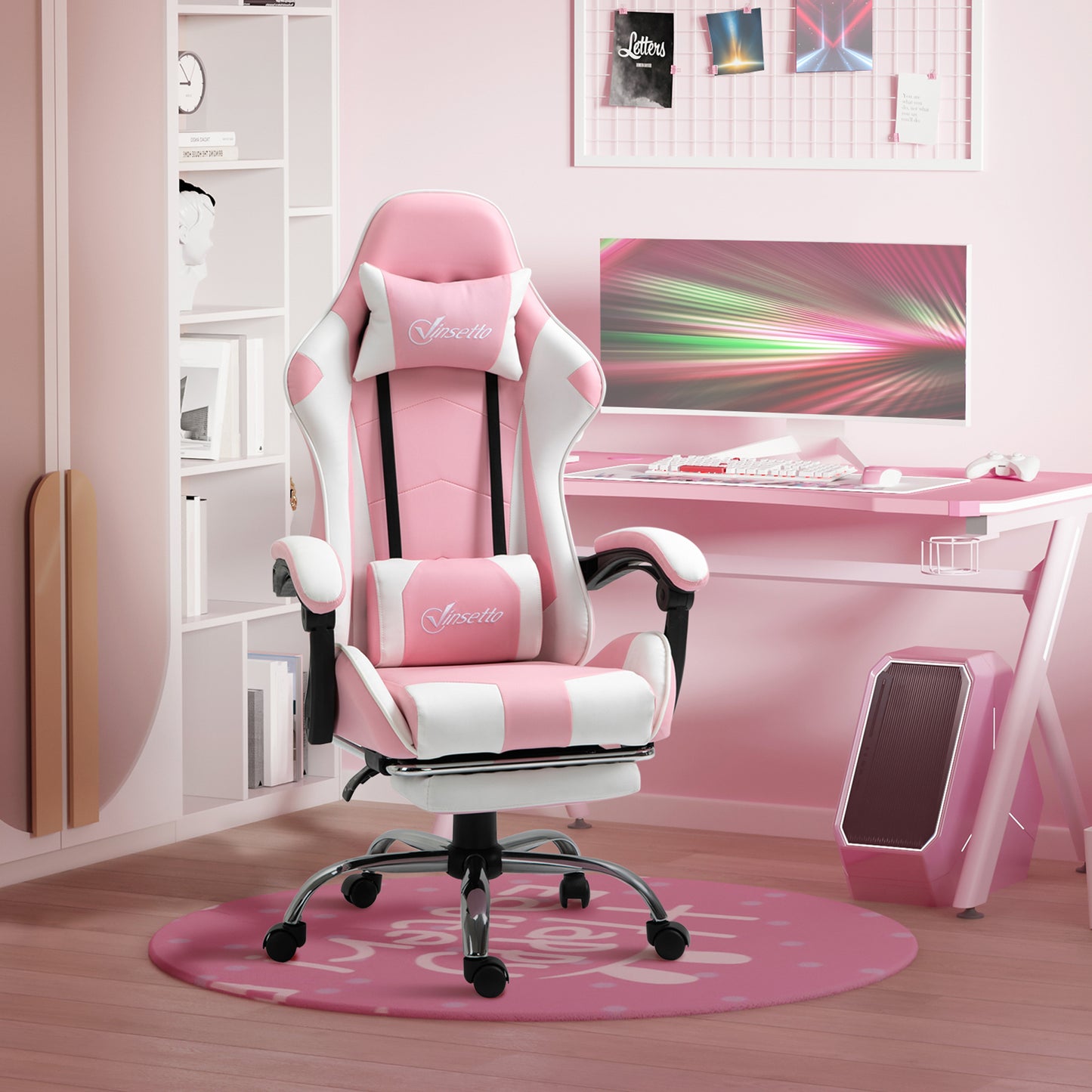 Image for Vinsetto Racing Gaming Chair with Lumbar Support, Head Pillow, Swivel Wheels, High Back Recliner Gamer Desk Chair for Home Office, Pink