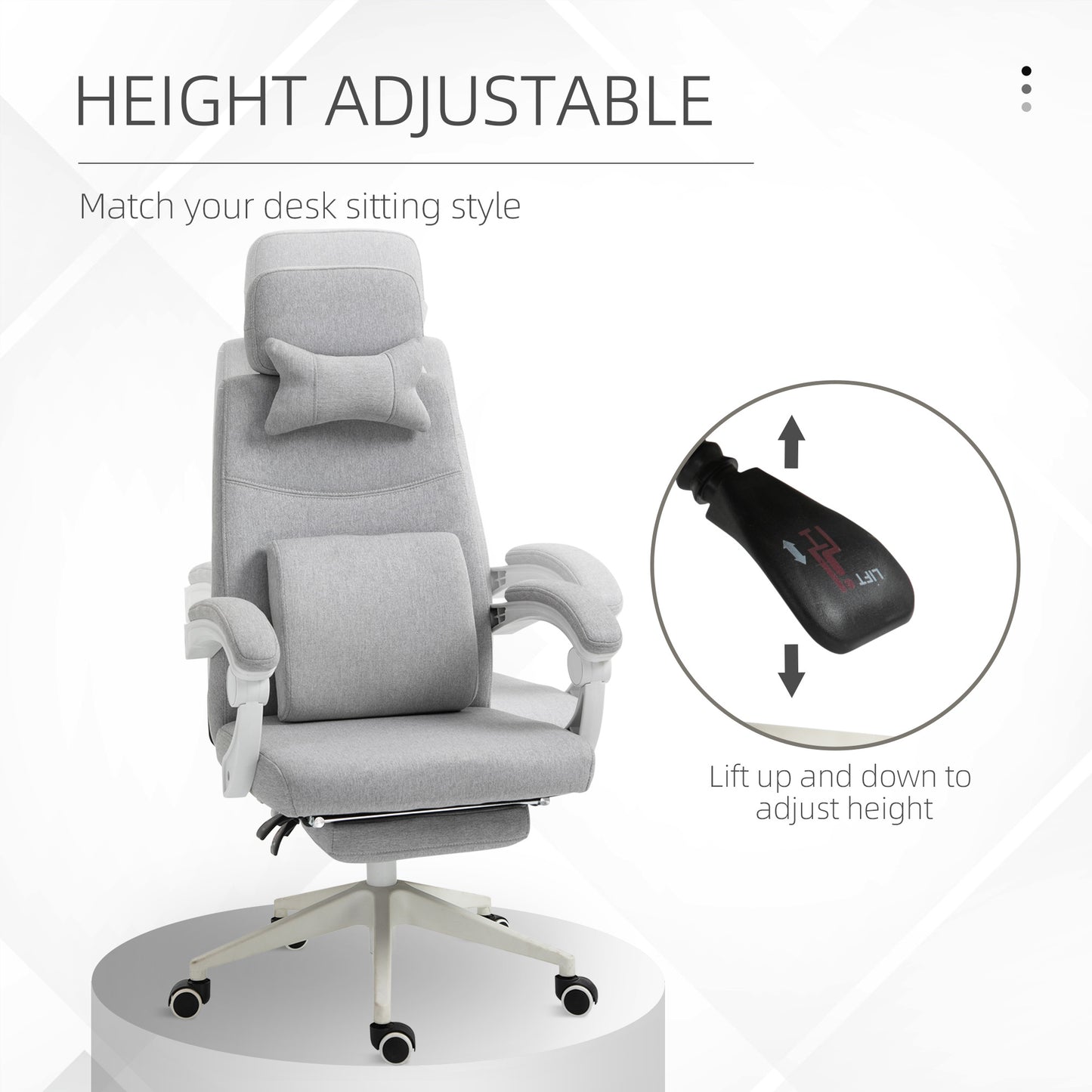 Image for Vinsetto Home Office Chair w/ Manual Footrest Recliner Padded Modern Adjustable Swivel Seat w/ 2 Pillows Armrest Ergonomic Grey