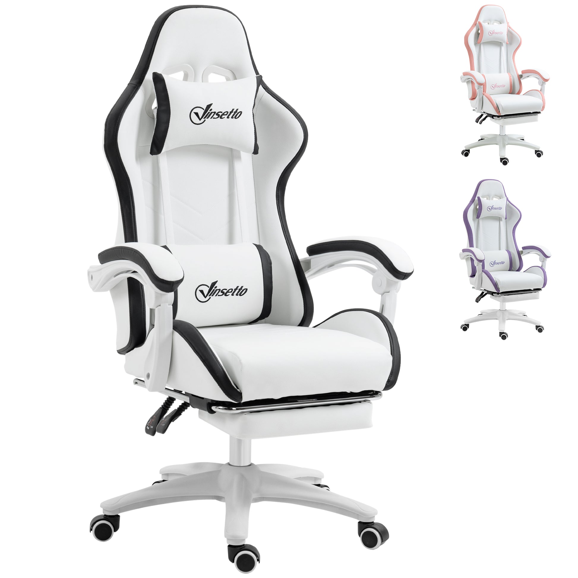 Image for Vinsetto Racing Gaming Chair, Reclining PU Leather Computer Chair with 360 Degree Swivel Seat, Footrest, Removable Headrest White and Black