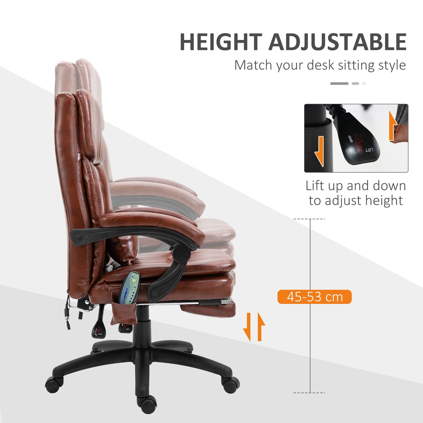 Image for Vinsetto High Back Office Chair, Gaming Recliner Chair with Footrest, 7 Massage Points, Adjustable Height, Reclining Back, PU Leather, Brown