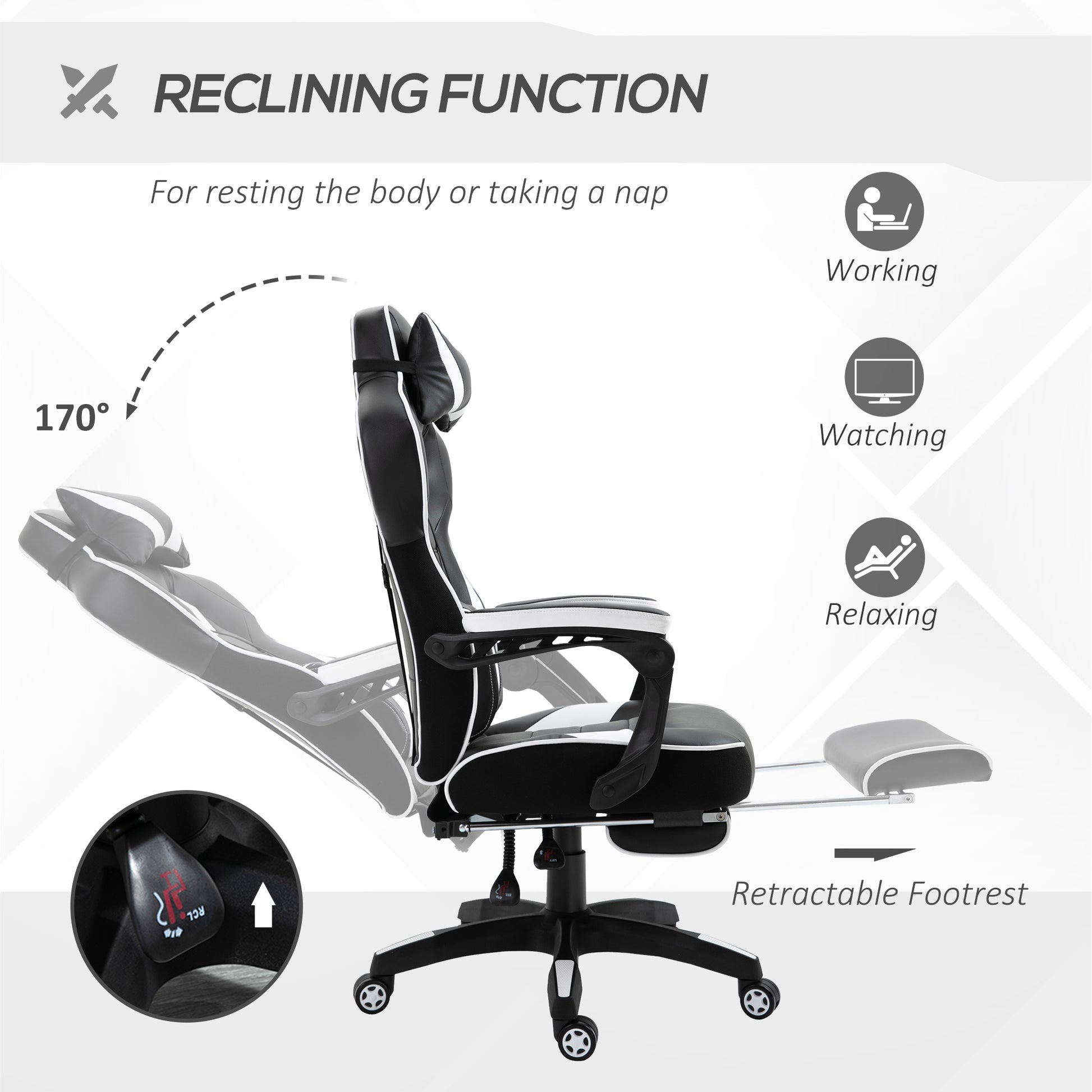 Image for Vinsetto Ergonomic Racing Gaming Chair Office Desk Chair Adjustable Height Recliner with Wheels, Headrest, Lumbar Support, Retractable Footrest White