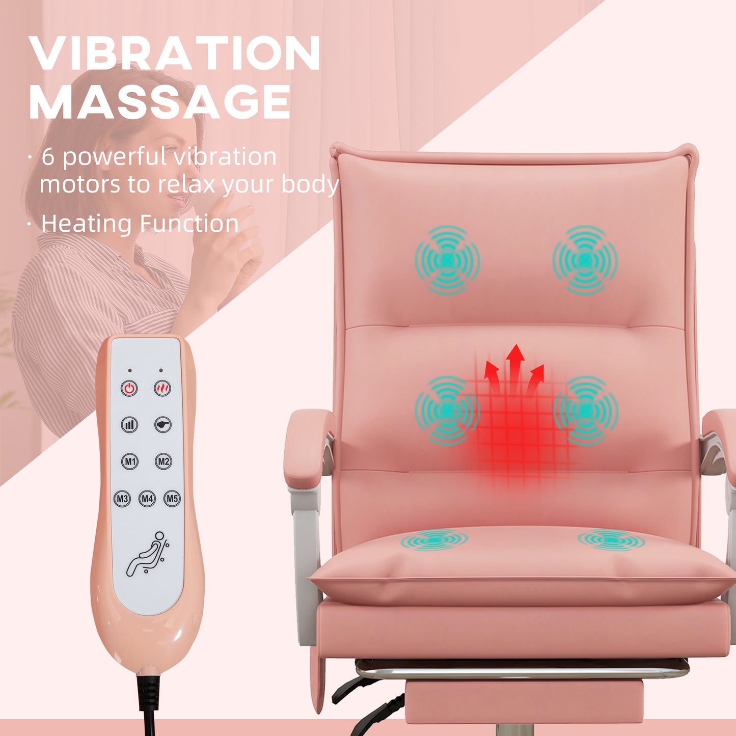 Image for Vinsetto Vibration Massage Office Chair with Heat, Faux Leather Computer Chair with Footrest, Armrest, Reclining Back, Double-tier Padding, Pink