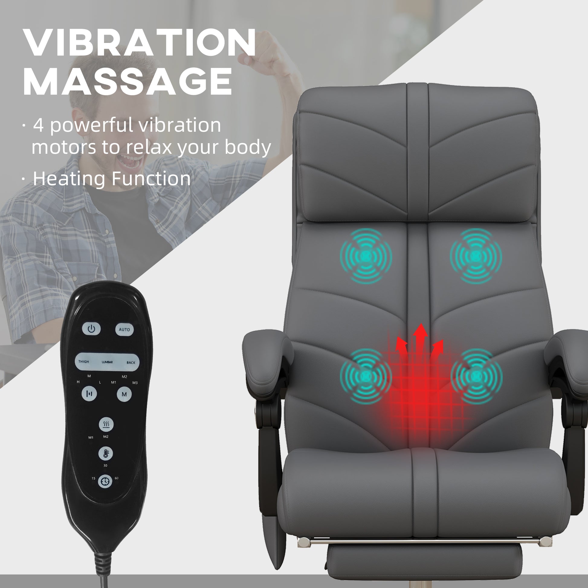 Image for Vinsetto Vibration Massage Office Chair with Heat, PU Leather Computer Chair with Footrest, Armrest, Reclining Back, Grey