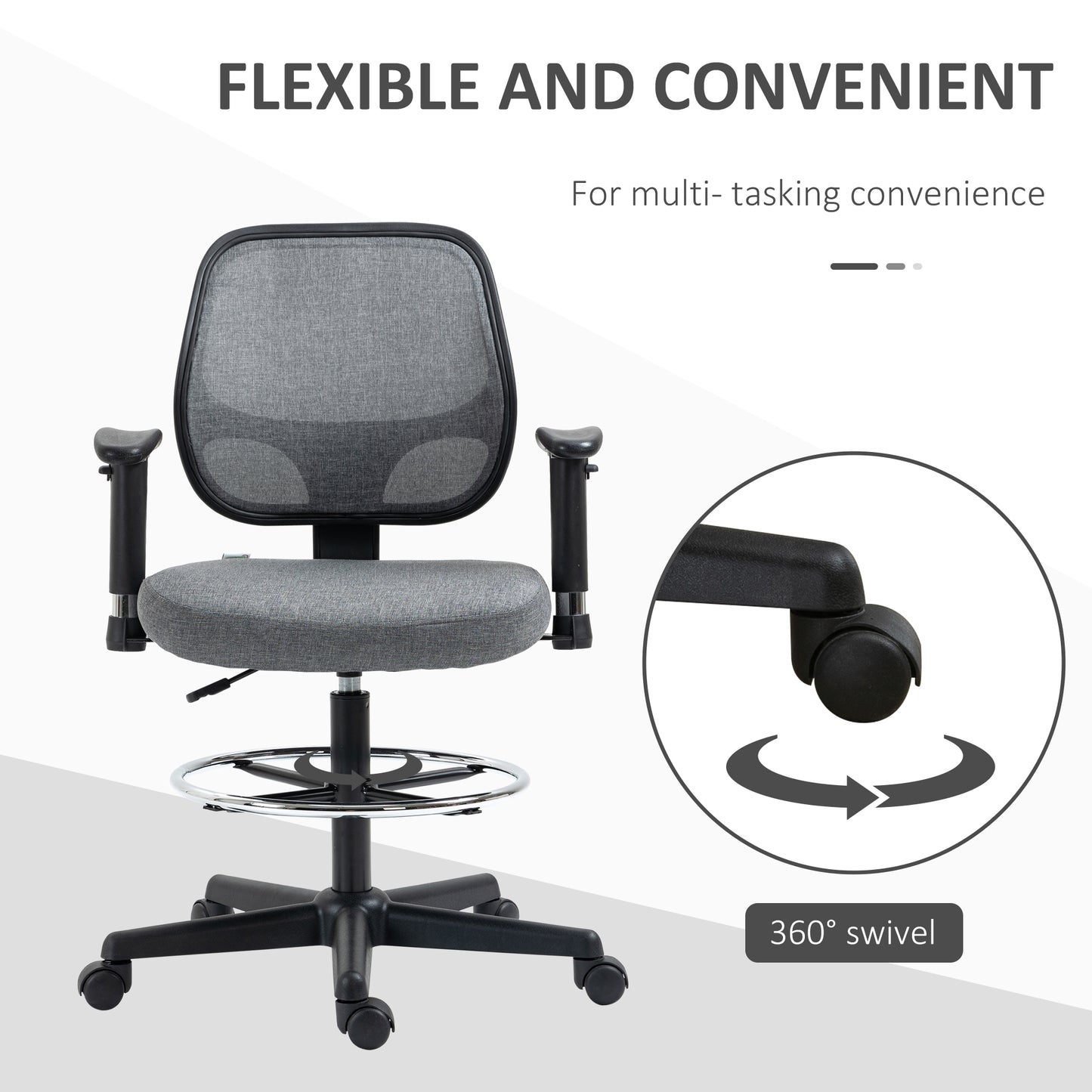 Image for Vinsetto Drafting Chair Tall Office Fabric Standing Desk Chair with Adjustable Footrest Ring, Arm, Swivel Wheels, Grey