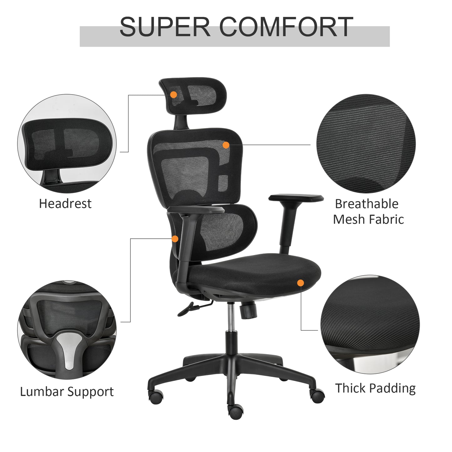 Image for Vinsetto Mesh Office Chair, Ergonomic High-Back Swivel Desk Chair with Adjustable Height, Headrest, Lumbar Support, Padded Seat for Home Office Black