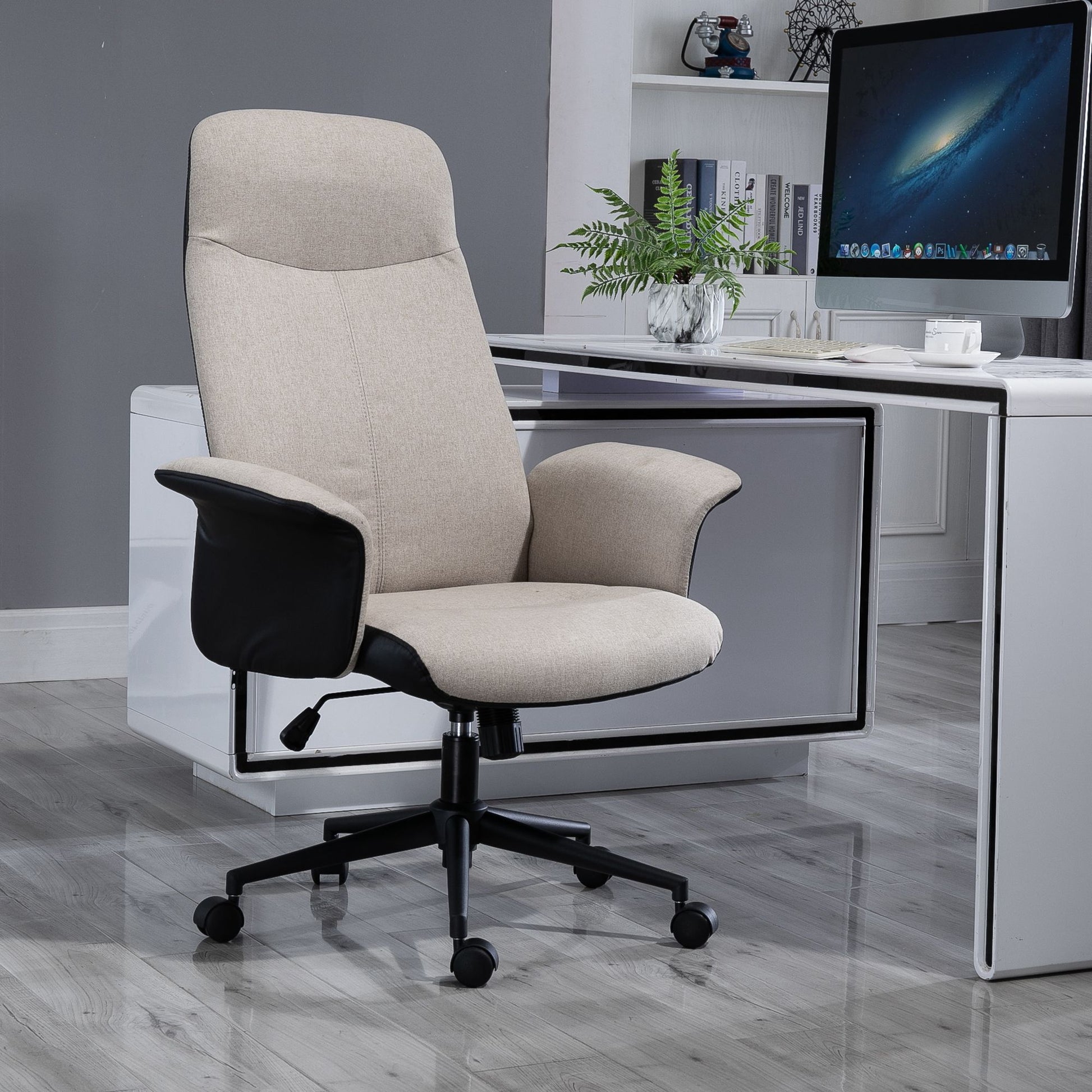 Image for Vinsetto High Back Office Chair, Linen Fabric Computer Desk Chair with Armrests, Tilt Function, Adjustable Seat Height, Beige