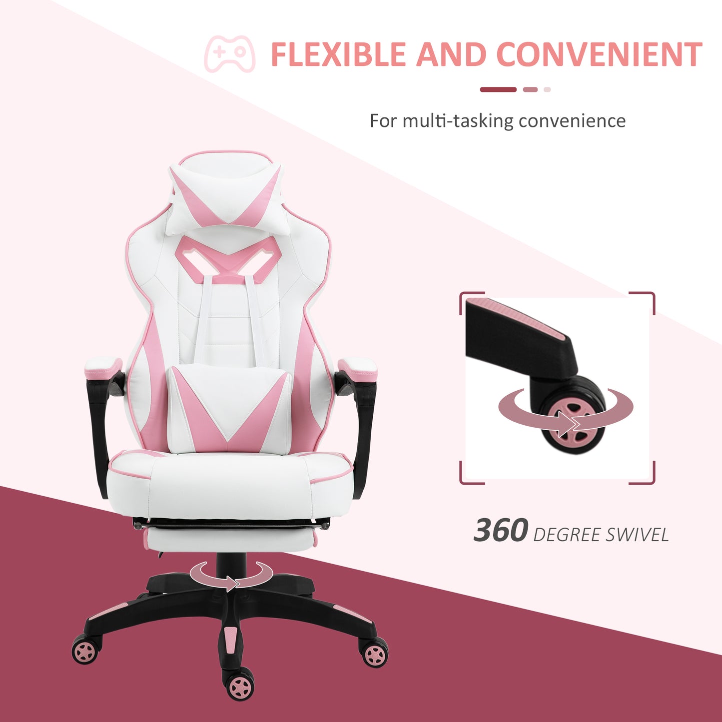 Image for Vinsetto Ergonomic Racing Gaming Chair Office Desk Chair Adjustable Height Recliner with Wheels, Headrest, Lumbar Support, Retractable Footrest, Pink