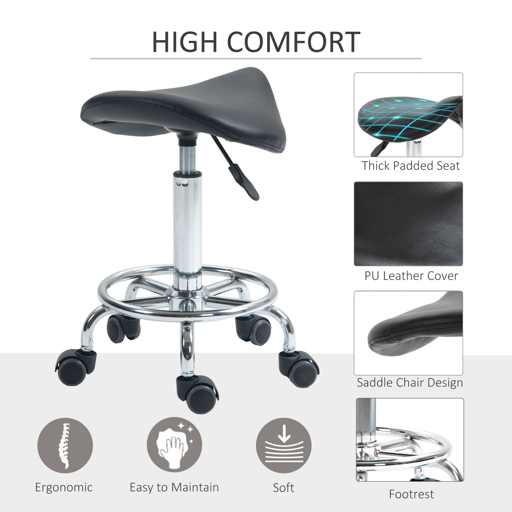 Image for HOMCOM Saddle Stool, PU Leather Adjustable Rolling Salon Chair with Steel Frame for Massage, Spa, Beauty and Tattoo, Black