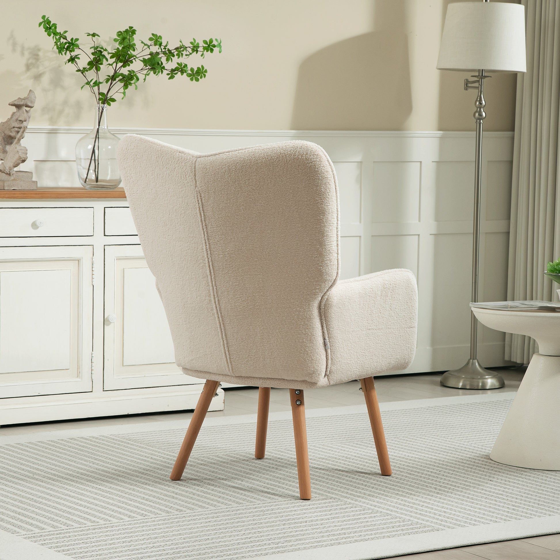 HOMCOM Modern Accent Chair, Upholstered Tufted Wingback Armchair with Seat Padding, Teddy Fleece Leisure Lounge Bedroom Chair with Wood Legs, Cream White - ChairwayUK