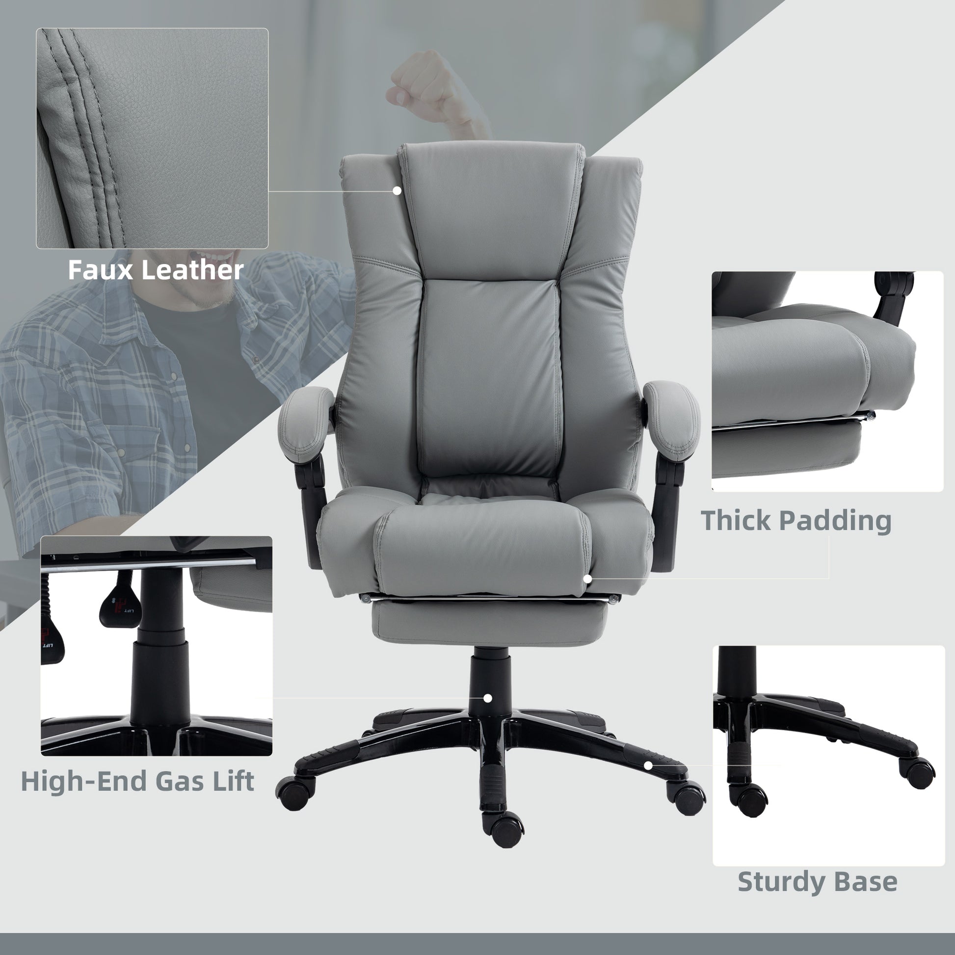 Image for Vinsetto PU Leather Office Chair, Swivel Computer Chair with Footrest, Wheels, Adjustable Height, Grey