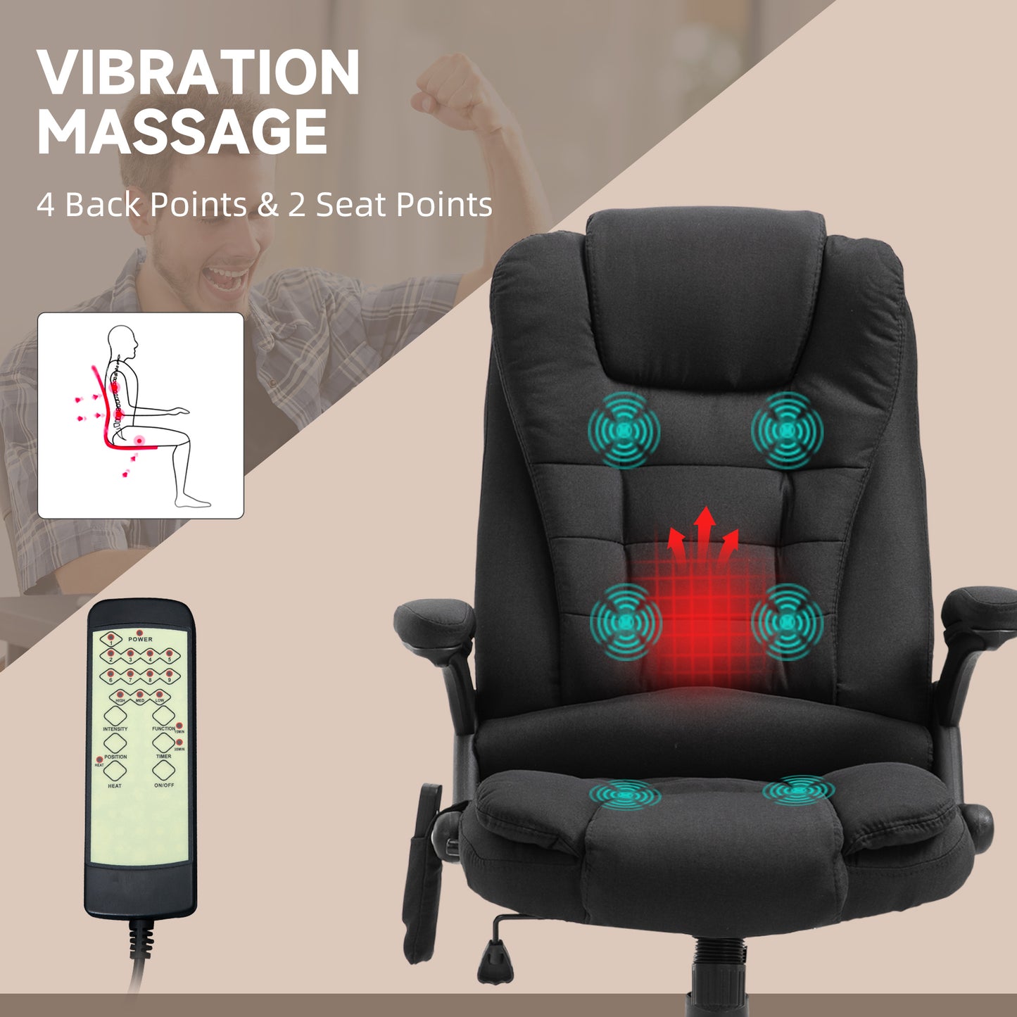 Image for Vinsetto Massage Recliner Chair Heated Office Chair with Six Massage Points Linen-Feel Fabric 360° Swivel Wheels Black