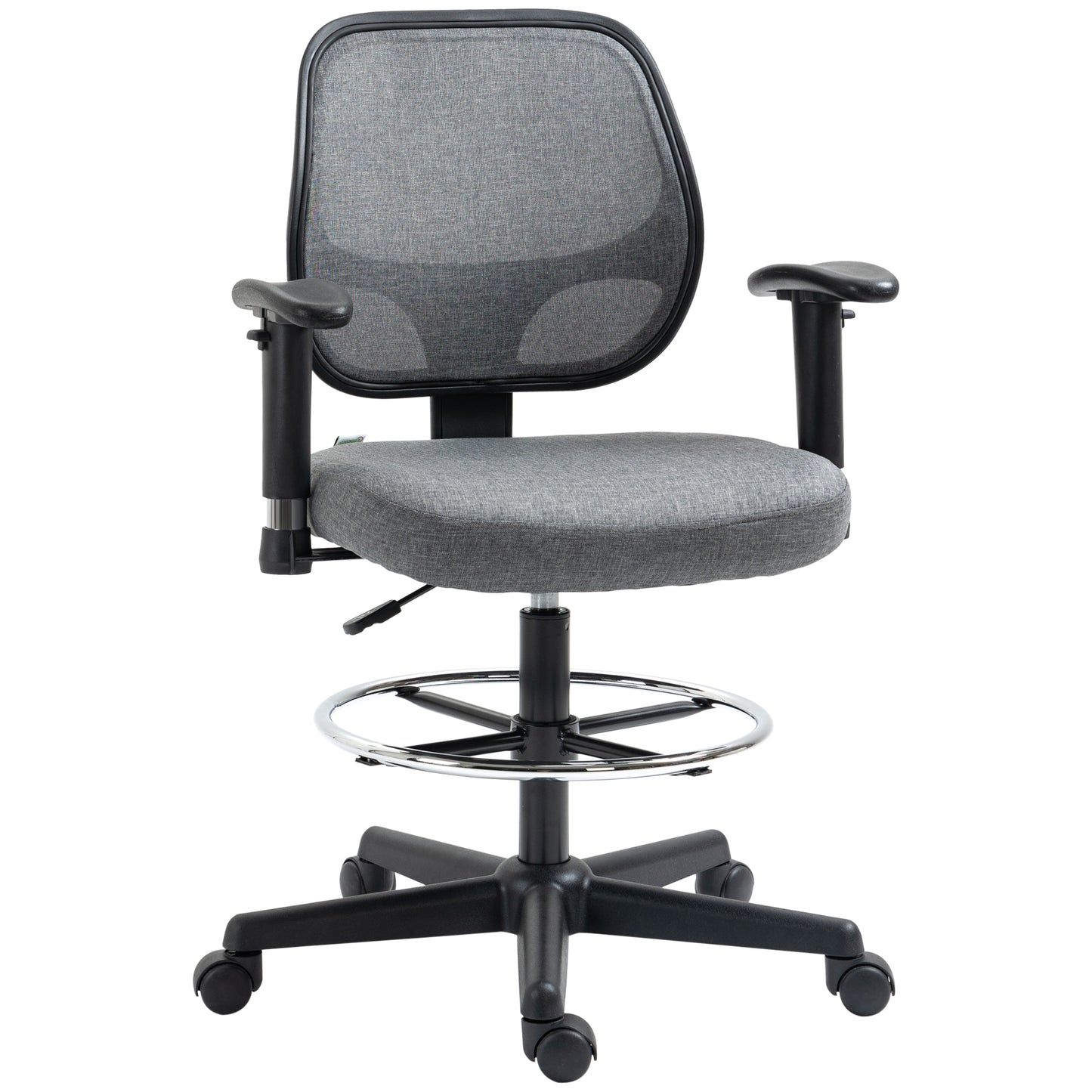 Image for Vinsetto Drafting Chair Tall Office Fabric Standing Desk Chair with Adjustable Footrest Ring, Arm, Swivel Wheels, Grey